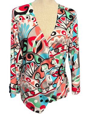 Savvy Studio Faux Wrap Top L Abstract Print Surplice Blouse 3/4 Sleeve Retro